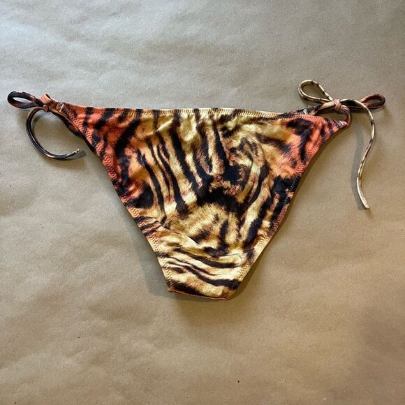 Shade & Shore Women's S Brown Tiger Print Side Tie Cheeky Bikini Swim Bottom - Picture 3 of 3